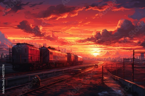 A beautiful painting of a train on the tracks at sunset. Perfect for travel, transportation, and nostalgia-themed projects.