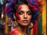 Vibrant Hues of Makeup Products with Dazzling Indian Beauty Model on Lively Mumbai Streets