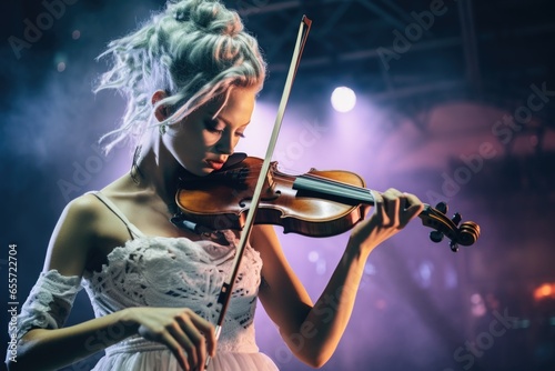 A woman dressed in a white dress playing a violin. This image can be used to depict elegance, musical performances, or artistic expressions.