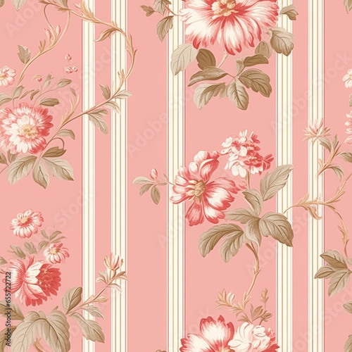 Seamless pattern, tileable striped pink floral country style print for wallpaper, wrapping paper with English countryside rose flowers for scrapbook, fabric and product design