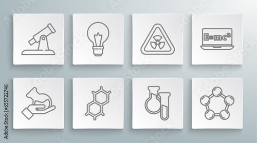 Set line Test tube and flask, Light bulb with concept of idea, Chemical formula, Molecule, Triangle radiation, Equation solution and Telescope icon. Vector