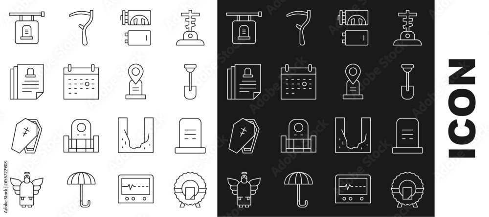 Set line Memorial wreath, Grave with tombstone, Shovel, Crematorium, Calendar death, Death certificate, Signboard and Location grave icon. Vector