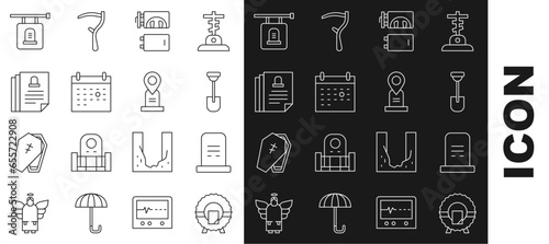 Set line Memorial wreath, Grave with tombstone, Shovel, Crematorium, Calendar death, Death certificate, Signboard and Location grave icon. Vector