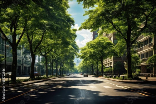 A picture of a city street lined with tall green trees. This image can be used to depict a peaceful and scenic urban environment.