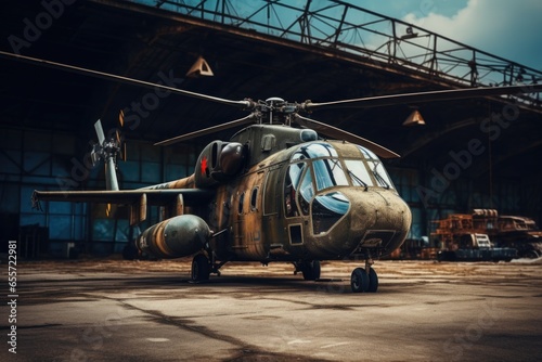 An old military helicopter sits in a hangar. This image can be used to depict military history or aviation themes.