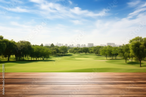Empty wooden table with blurred golf course background. Table top product display showcase stage. Image ready for montage your text or product. 