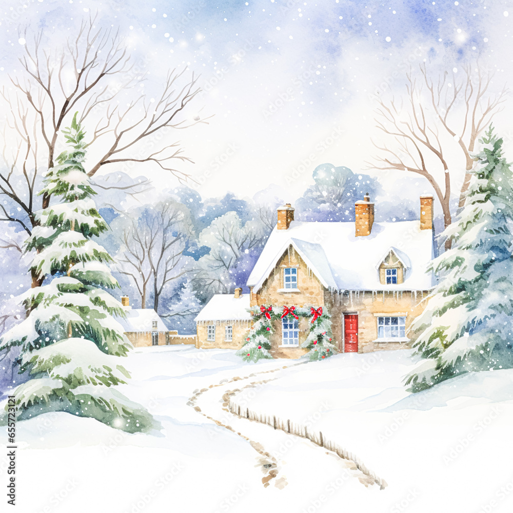 Fototapeta premium Watercolour printable winter countryside art print, English country cottage and snow, Christmas holiday, thank you and Happy Holidays diy greeting card