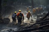 A group of firefighters walking through a muddy area. This image can be used to depict teamwork, emergency response, or natural disaster scenarios.