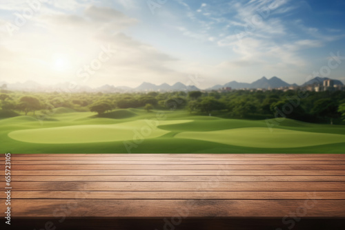 Empty wooden table with blurred golf course background. Table top product display showcase stage. Image ready for montage your text or product. 