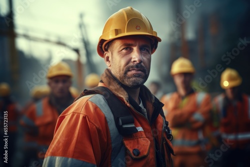 A man wearing a hard hat and orange jacket. This image can be used to depict construction, safety, or outdoor work environments. © Fotograf