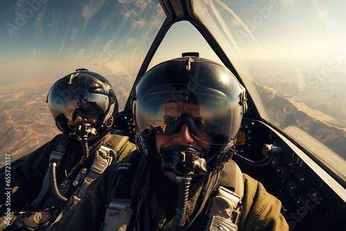 A picture of two pilots inside the cockpit of a fighter jet. This image can be used to depict the intense and focused environment of military aviation. It is suitable for publications related to aviat photo