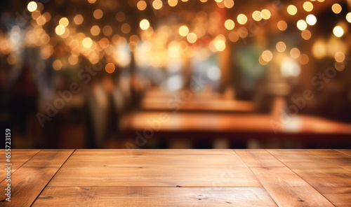Empty wooden table with blurred interior of a bar or restaurant background. Table top product display showcase stage. Image ready for montage your text or product. 