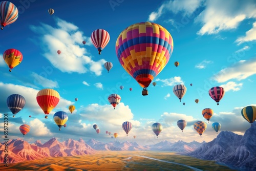 A group of hot air balloons soaring through the sky. This image can be used to depict adventure, travel, or a sense of freedom. Perfect for travel brochures, posters, or websites.