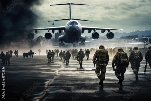 A group of soldiers walking towards an airplane. This image can be used to depict military operations, air travel, or teamwork. photo