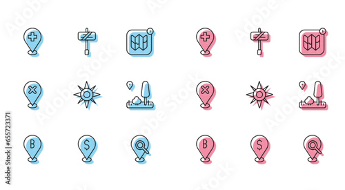 Set line Location, Cash location, Medical with cross, Search, Wind rose, City map navigation, mark and Road traffic sign icon. Vector