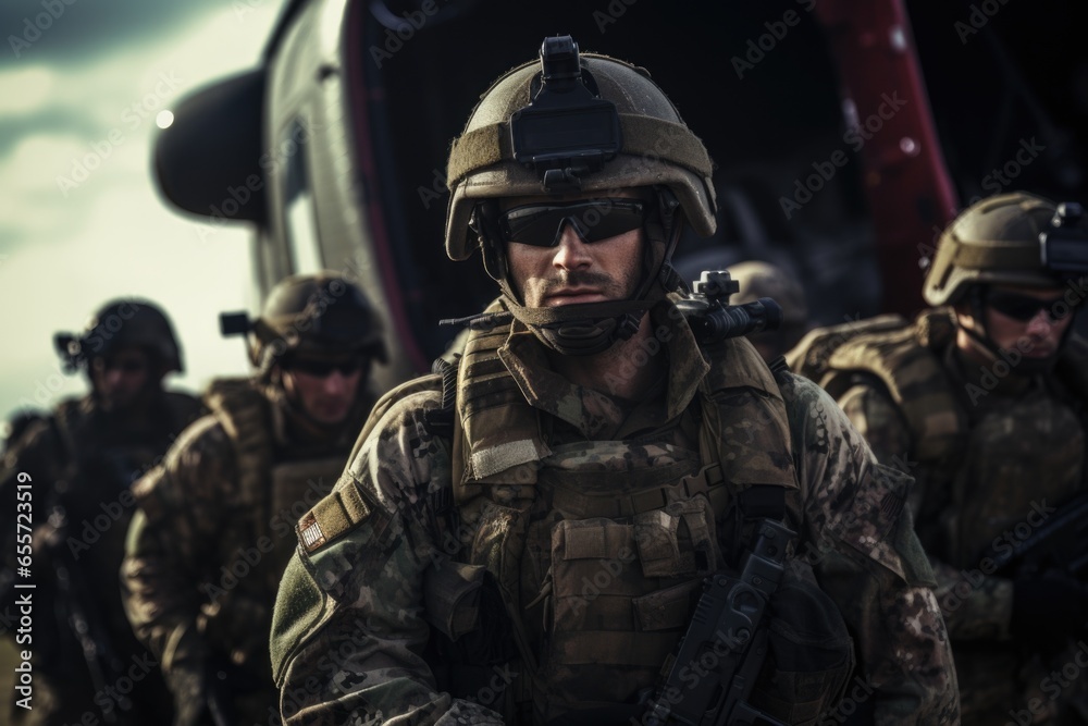 A group of soldiers are seen walking towards a helicopter. This image can be used to depict military operations, transportation, or teamwork.