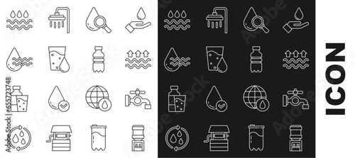 Set line Water cooler, tap, Waves of water and evaporation, Drop magnifying glass, Glass with, Recycle clean aqua, drop and Bottle icon. Vector