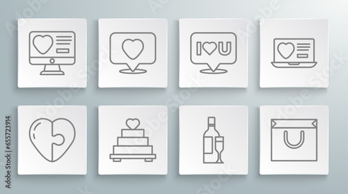 Set line Heart, Like and heart, Wedding cake with, Champagne bottle, Shopping bag, Speech bubble I love you, Dating app online and icon. Vector
