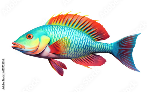Attractive Colorful Wrasse Fish Isolated on White Transparent Background.