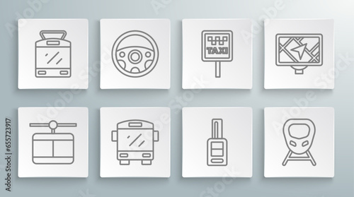 Set line Cable car, Steering wheel, Bus, Car key with remote, High-speed train, Road sign for taxi stand, Gps device map and Tram railway icon. Vector