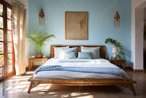 A tranquil bedroom designed according to the South - East Vastu Dosh remedies, pale blue walls painted with organic paints photo