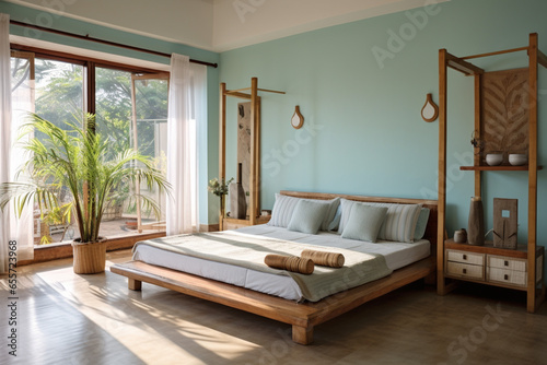 A tranquil bedroom designed according to the South - East Vastu Dosh remedies, pale blue walls painted with organic paints photo