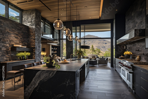 designer kitchen with basalt countertops, backsplash, and island