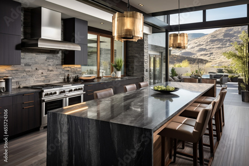 designer kitchen with basalt countertops, backsplash, and island