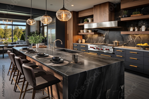 designer kitchen with basalt countertops, backsplash, and island © Pichsakul