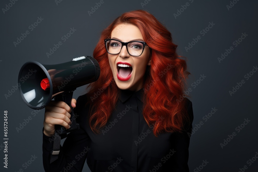 Young shocked excited happy woman wear casual clothes hold in hand megaphone scream announces discounts sale Hurry up isolated on black background studio portrait. - obrazy, fototapety, plakaty 