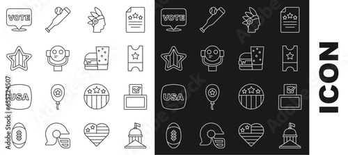 Set line White House, Vote box, Baseball ticket, Native American Indian, Tourist binoculars, USA Independence day, and Burger icon. Vector