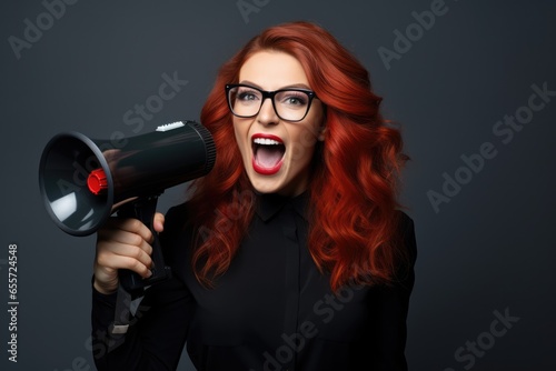 Young shocked excited happy woman wear casual clothes hold in hand megaphone scream announces discounts sale Hurry up isolated on black background studio portrait. photo