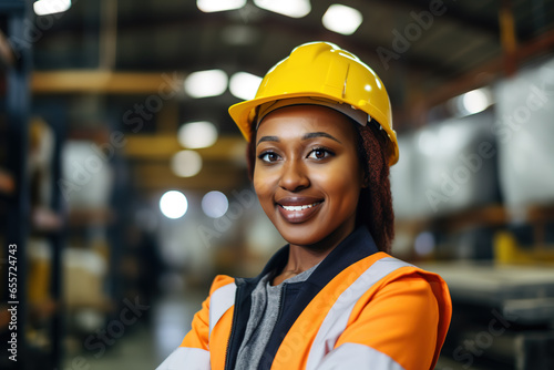 Portrait of smiling engineer woman wearing yellow helmet and orange worker's uniform at factory facility. © Bojan