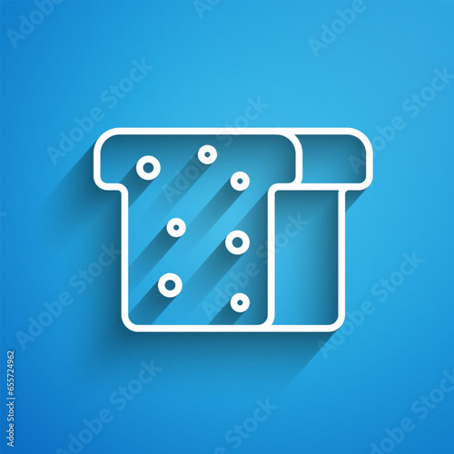 White line Bread toast for sandwich piece of roasted crouton icon isolated on blue background. Lunch, dinner, breakfast snack. Long shadow. Vector