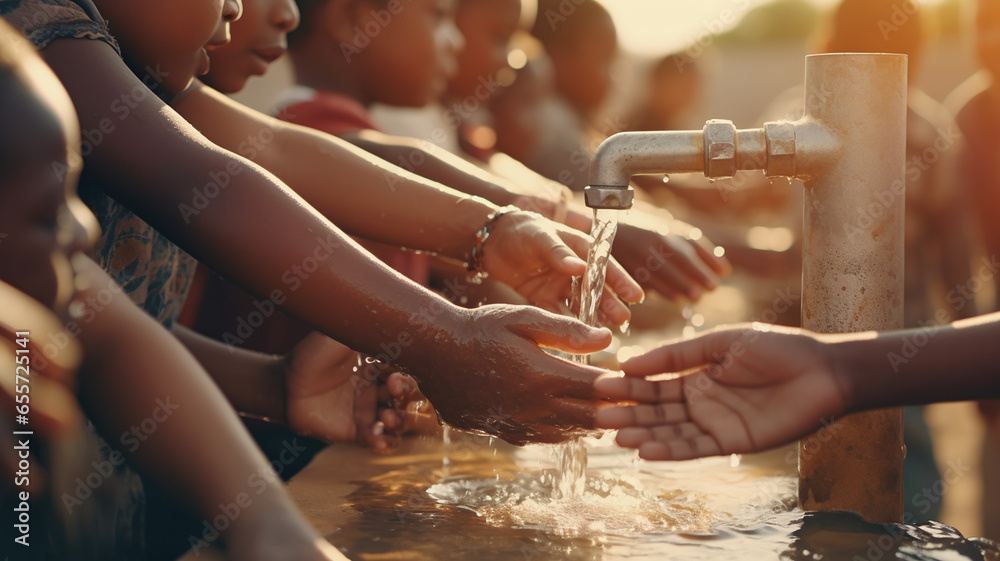 Many young children in Africa reach out Drink water to quench your thirst. At the village water station faucet flowing down dry land holding hands drinking water Drought. Generative AI - obrazy, fototapety, plakaty 