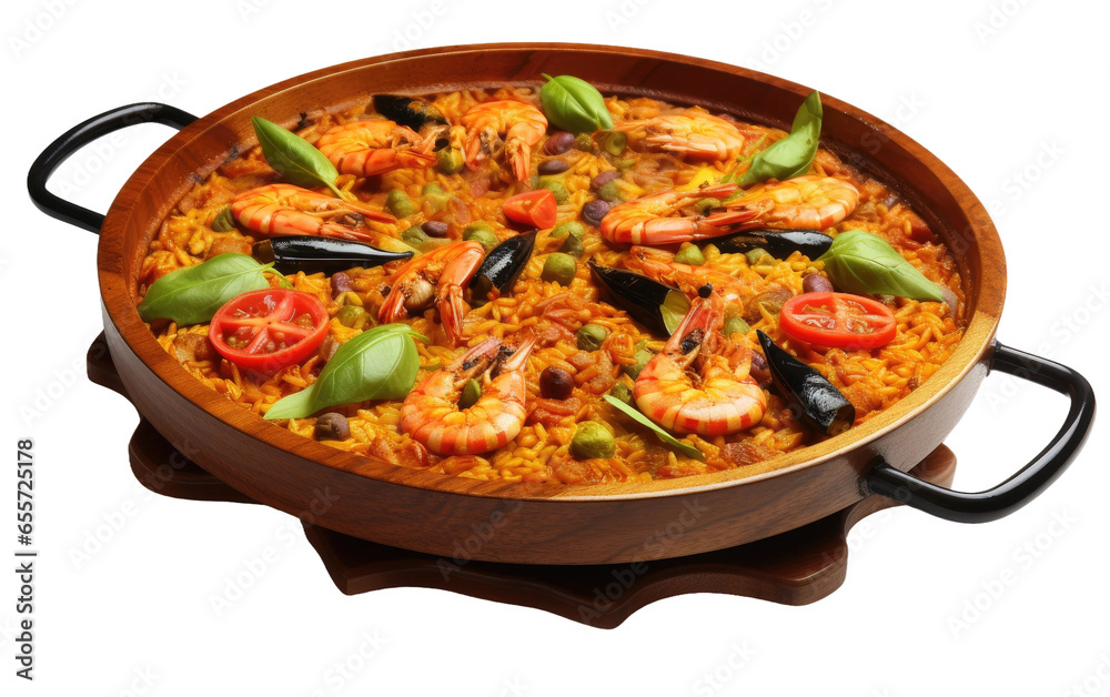 Tasty And Spicy Paella Isolated on White Transparent Background.
