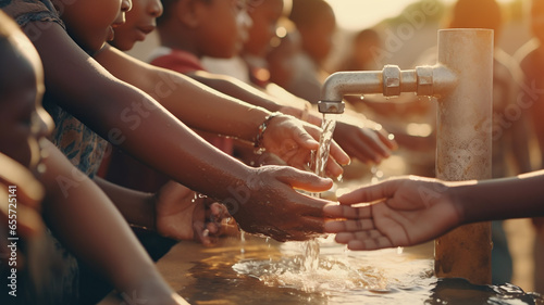 Canvastavla Many young children in Africa reach out Drink water to quench your thirst
