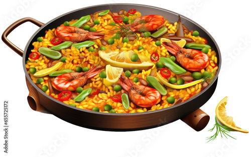 Tasty And Spicy Paella in frying Pane Isolated on White Transparent Background.