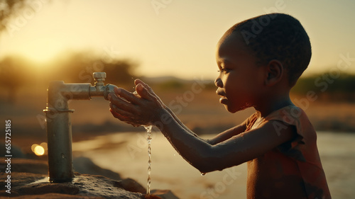 A young child in Africa holds out his hand Drink water to quench your thirst. At the village water station faucet flowing down dry land holding hands drinking water Drought. Generative AI photo