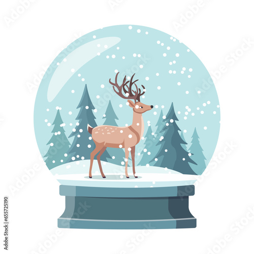 Hand drawn card for winter holidays with cute deer under snow. Vector cartoon illustration. Isolated on white background. Happy Christmas design.