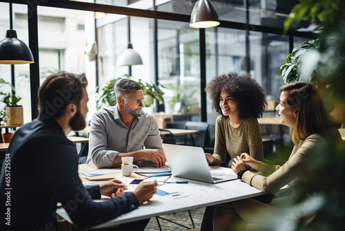 Multicultural creative business people during a meeting in a modern office. Group of innovative businesspeople having a discussion while working on laptop on a new project.