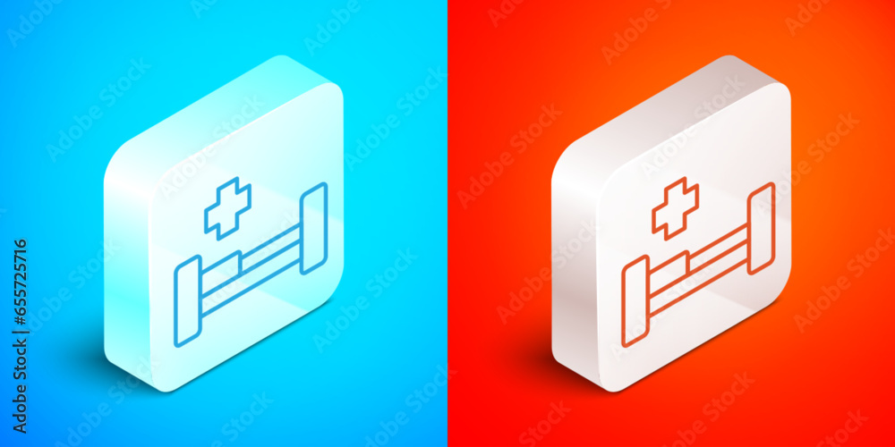 Isometric line Hospital bed icon isolated on blue and red background. Silver square button. Vector