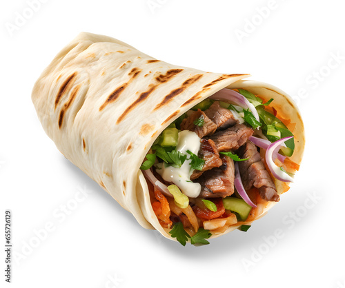 Hot Shawarma in lavash isolated on a white background, fast food and snacks concept, realistic design illustration, generative ai