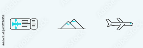 Set line Plane, Airline ticket and Mountains icon. Vector
