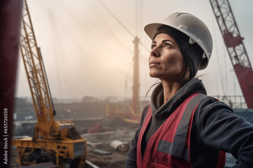 Confident female construction worker in a helmet against a backdrop of massive building site and cranes. Copy space Confident female construction worker in a helmet against a backdrop of massive building site and cranes. Copy space