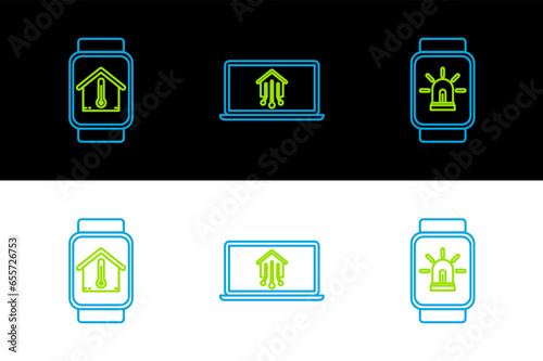 Set line Smart watch with smart house and alarm, temperature and Laptop home icon. Vector