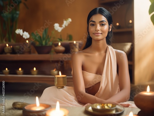 Celebrate Skincare Essence with Enchanting Indian Girl Experiencing Soothing Effects in Zen-inspired Setting