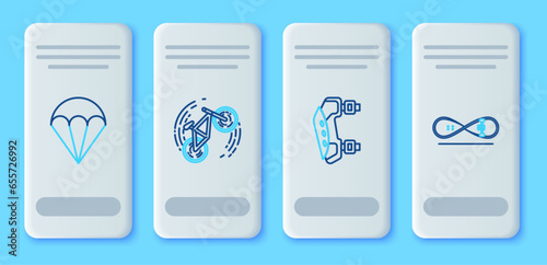 Set line Bicycle trick, Knee pads, Parachute and Skateboard icon. Vector