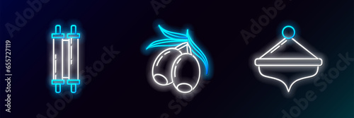Set line Hanukkah dreidel, Torah scroll and Olives branch icon. Glowing neon. Vector