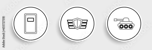 Set line Military tank, Police assault shield and reward medal icon. Vector